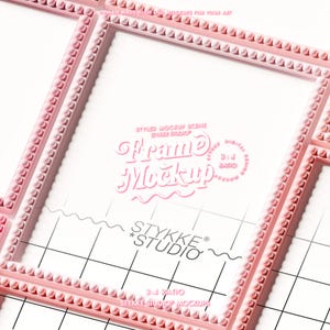 May include: Pink picture frames with a beaded border are arranged on a white grid background. The frames are labeled "Frame Mockup" with the "STYKKE STUDIO" logo. The text "3:4 Ratio" is also visible.