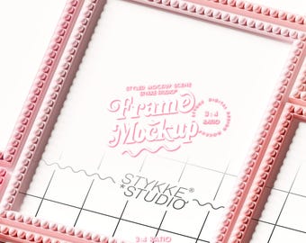 frame mockup pink bobbin, bold 3:4 frame small bundle mockup poster, vertical horizontal mix frames, smart mockup in pastel pink tones