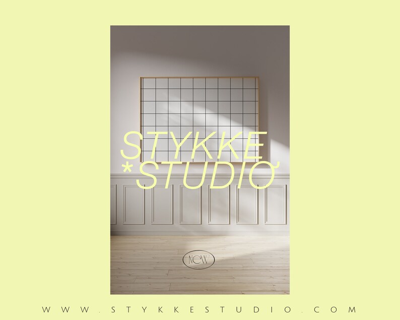 May include: A white room with a large window and a gridded picture frame. The text "STYKKE STUDIO" is written in a light yellow font on the wall.