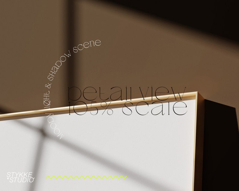 May include: A close-up of a white canvas with a gold frame. The canvas is illuminated by natural light, casting shadows on the surface. The text "detail view 105% scale" is visible on the frame. The text "mood light & shadow scene" is visible in a circular arc above the frame.