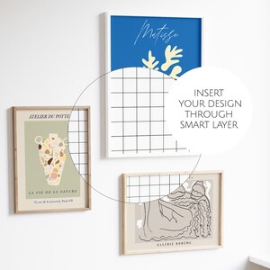 May include: Three framed art prints on a white wall. The top print is a blue background with a yellow abstract design and the text "Matisse". The middle print is a green background with a colorful abstract design and the text "ATELIER DU POTTE LA VIE DE LA NATURE 78, rue de l'Universit&eacute;, Paris-VII". The bottom print is a beige background with a black line drawing of a person and the text "GALERIE BOREME".