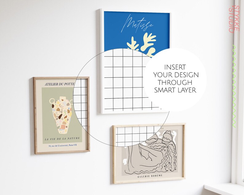 May include: Three framed art prints on a white wall. The top print is a blue background with a yellow abstract design and the text "Matisse". The middle print is a green background with a colorful abstract design and the text "ATELIER DU POTTE LA VIE DE LA NATURE 78, rue de l'Universit&eacute;, Paris-VII". The bottom print is a beige background with a black line drawing of a person and the text "GALERIE BOREME".
