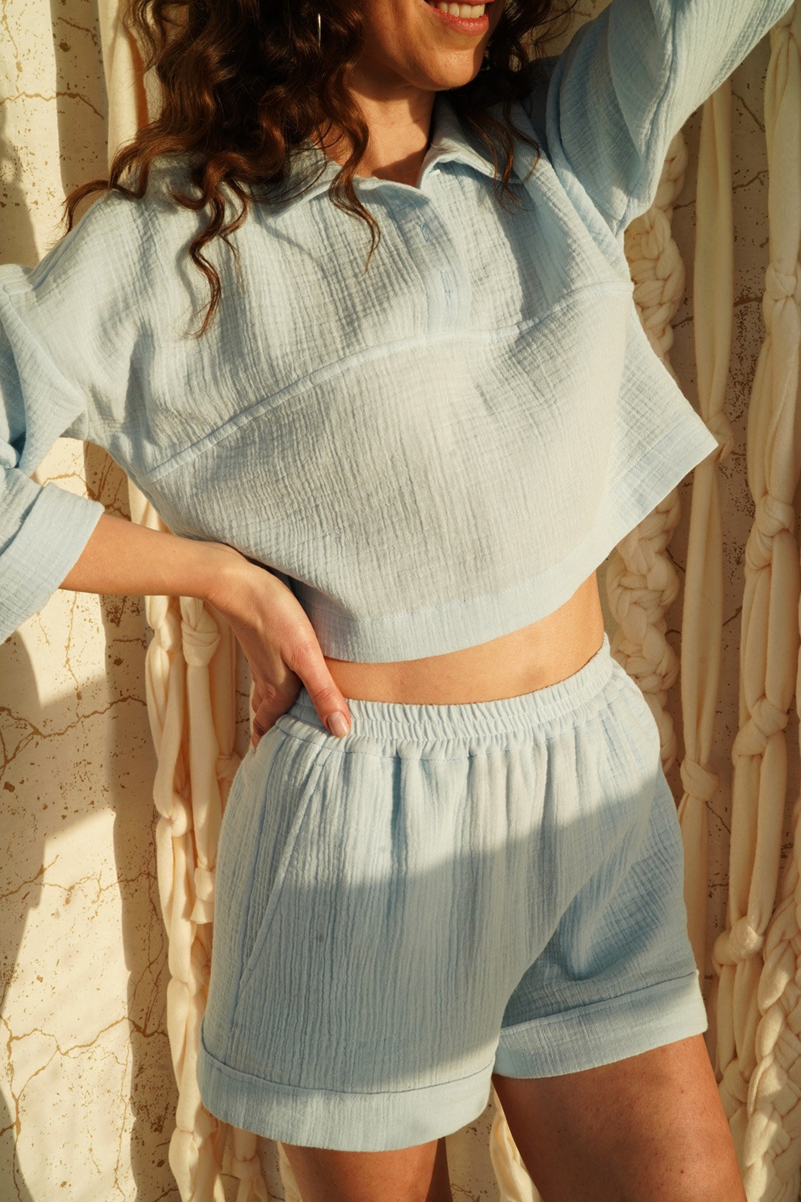 Light blue muslin shirt Homewear crop top Vacation shirt Long | Etsy