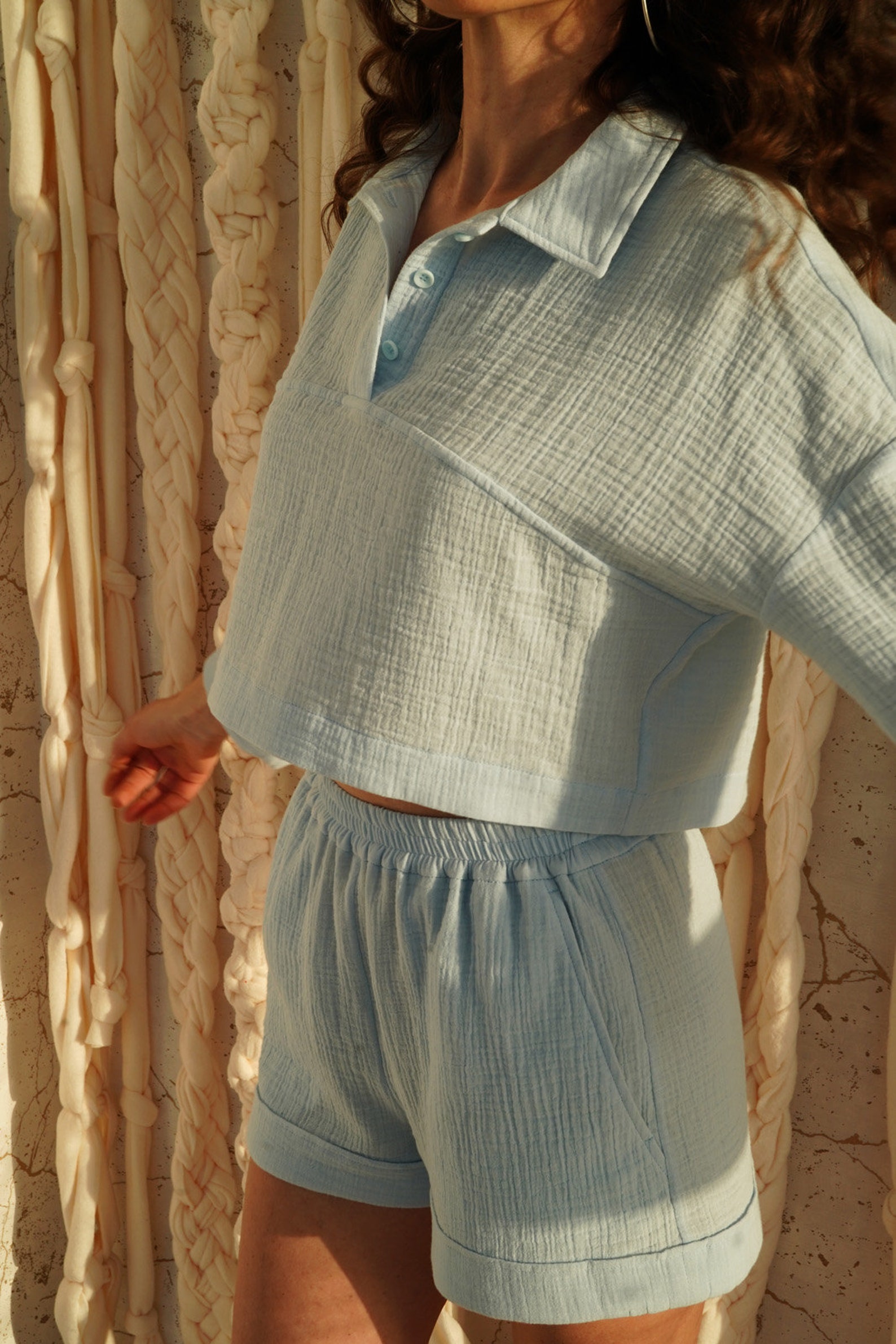 Light blue muslin shirt Homewear crop top Vacation shirt Long | Etsy