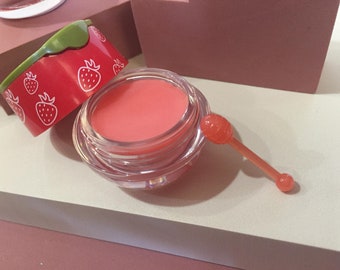 Strawberry Lip Balm Pot with Honey Stick| Moisturizing Lip Balm| Shea Butter Lip Balm| Organic Beeswax Lip balm