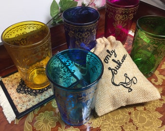 Moroccan Tea glass| Colorful Glasses - Mini Coaster Rug with Moroccan Mint Tea | Gift Set