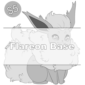 Op de afbeelding: Een grijswaarden illustratie van een Flareon Base, een cartoon karakter met pluizige vacht en grote ogen. De afbeelding bevat de tekst "Flareon Base" en een cirkelvormige afbeelding met het nummer "$5".