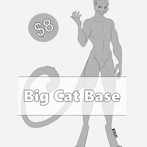 Könnte beinhalten: Graustufen-Illustration einer humanoiden Großkatzenbasis. Das Bild zeigt eine stilisierte Katzenfigur mit langem Schwanz, die mit erhobenem Arm steht. Der Text lautet "Big Cat Base" und ein Preisschild von 8 $.