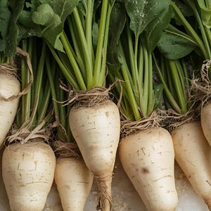 May include: A collection of freshly harvested parsnips. The parsnips are creamy white with a tapered shape, featuring green stalks and leaves. The roots are partially covered with soil and fine root hairs.