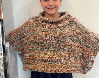 Hand Knit Children's Sweater, Girl's Hand Knit Poncho, hand knit sweater, Multi Color Sweater, Cowell Neck Collar Sweater, Kid's hand knit