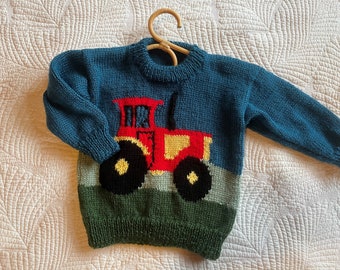 Hand knit tractor sweater, Little tractor pullover, hand knit birthday gift, Size 2 - 8, Red tractor sweater, kids hand knit sweater
