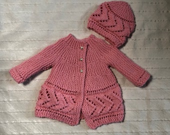 Hand Knit Baby Girl Sweater, Baby shower gift, Toddler sweater and hat, hand knit cardigan and hat set, hand knit baby gift