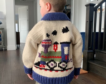 Hand Knit Children's Sweaters, hand knit bulky cardigan with optional matching hat, or personalization, train sweater pattern,