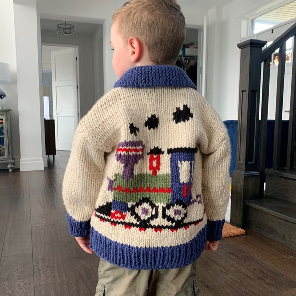 Hand Knit Children's Sweaters, hand knit bulky cardigan with optional matching hat, or personalization, train sweater pattern,