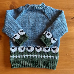 Little Sheep Sweater, hand knit pullover, Sizes 0-3 months to Size 10, Perfect Baby Shower Gift, Sheep motif, Gift for Special Child