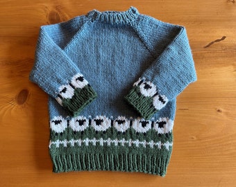 Little Sheep Sweater, hand knit pullover, Sizes 0-3 months to Size 10, Perfect Baby Shower Gift, Sheep motif, Gift for Special Child