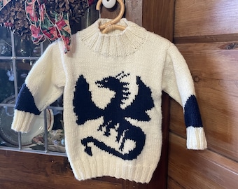 Little Dragon Sweater, Hand Knit Child's Pullover, Dragon Motif, Available in Size 2 - 11, Perfect Childs Gift