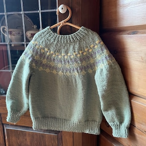 Fair Isle Pullover, Size 6 - 10, Perfect Gift, Soft Gree with Lilac and Yellow Trim, Hand knit Unisex Pullover