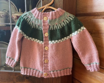 Hand Knit Yoke Style Cardigan, perfect child gift, delicate petal motif, feminine style, brightly colored