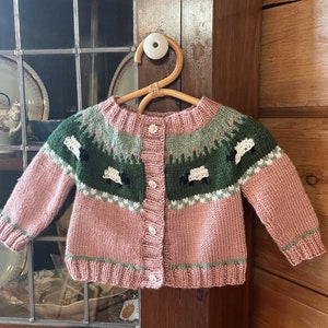 Little Sheep Sweater, Hand Knit Baby Cardigan, Fair Isle Yoke Style, Sheep Motif Baby Sweater, Baby Shower Gift,