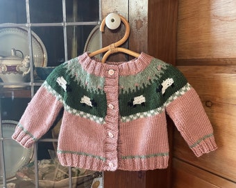 Little Sheep Sweater, Hand Knit Baby Cardigan, Fair Isle Yoke Style, Sheep Motif Baby Sweater, Baby Shower Gift,