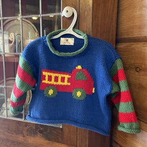 Fire Engine Pullover, Toddler Handknits, Handknit pullover, Fire Truck Sweater, Size 1 year - 6 years, Brightly colored, Child Gift