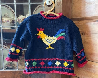 Kid Size Rooster Sweater, Organic Cotton Knit, Hand Knit Pullover, Barn Yard Pattern, Sizes 12 months to 6 Years, Cool Breathable Cotton