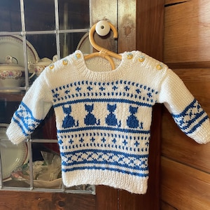 Hand Knit Baby-Toddler Sweater, Fair Isle pullover, Kitten Pattern, Blue and White Sweater, Sizes 6 months - Two Years