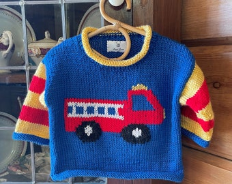 Fire Engine Pullover, Toddler Handknits, Handknit pullover, Fire Truck Sweater, Size 1 year - 6 years, Brightly colored, Child Gift