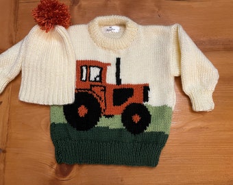 Hand knit tractor sweater, Little tractor pullover, hand knit birthday gift, Size 2 - 8, Red tractor sweater, kids hand knit sweater