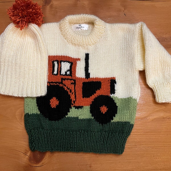 Hand knit tractor sweater, Little tractor pullover, hand knit birthday gift, Size 2 - 8, Red tractor sweater, kids hand knit sweater