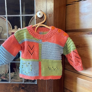 Hand Knit Baby/Toddler Sweater, Brightly Colored Pullover, Perfect Baby Gift, Textured bright colors, Heart motif, Hand knit Baby Sweater