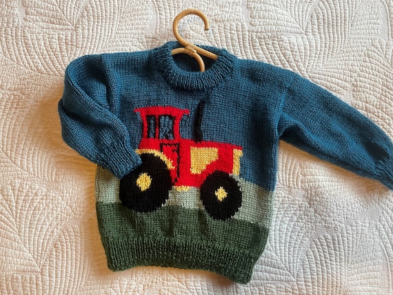 Hand Knit Tractor Sweater, Kids Birthday Gift, Sizes 2-8