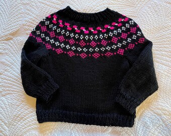Hand Knit Skating Sweater, Fair Isle Pullover Sweater, Girl's Size 4, Black with Neon Pink and White