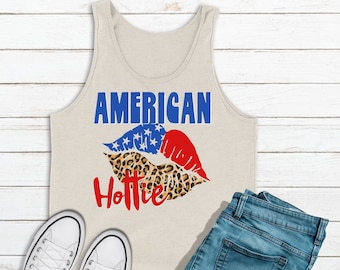 Tanque americano del 4 de julio de las mujeres del Hottie, camisetas de la bandera americana, camisa del cuatro de julio, camisa de los E.E.U.U., blanco y azul rojo
