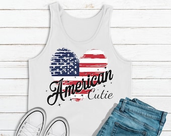 Tanque de mujeres 4th of July de American Cutie, camisetas de bandera estadounidense, camisa del cuatro de julio, camisa de EE. UU., blanco rojo y azul