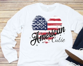 American Cutie 4th of July Unisex Long Sleeve Tee , American Flag Tees, Fourth of July Shirt, USA Shirt, Red White and Blue