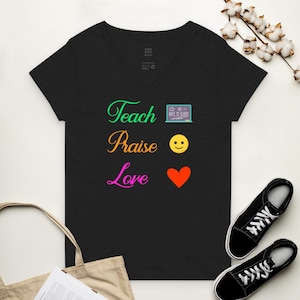 Koszulka z dekoltem w serek Teach Praise Love Teacher, prezent dla nauczyciela, koszulka dla nauczyciela, prezent dla nauczyciela, uznanie dla nauczyciela