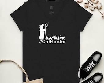 Cat Herder V-Neck Shirt, Cat Lover Shirt, Black Cat Shirt, Cat Lover Tee, Gift for Cat Lovers, Cat Mom Shirt, Pet Lover Shirt