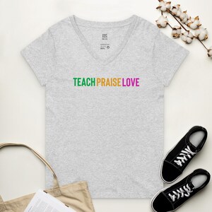 Koszulka z dekoltem w serek Teach Praise Love Teacher, prezent dla nauczyciela, koszulka dla nauczyciela, prezent dla nauczyciela, uznanie dla nauczyciela
