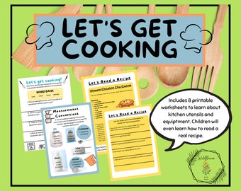 Puede incluir: ¡Vamos a cocinar! Hojas de trabajo imprimibles para que los niños aprendan sobre utensilios de cocina y equipos. Incluye una receta de galletas con chispas de chocolate con conversiones de medidas.