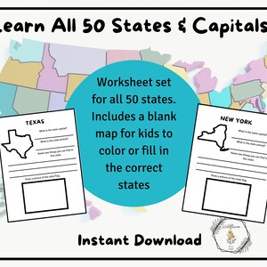 May include: A printable worksheet set for learning all 50 US states and their capitals. The set includes a blank map of the United States for kids to color or fill in the correct states. The image shows two example worksheets for Texas and New York.