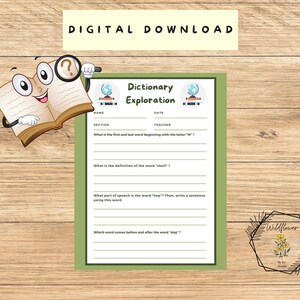 Puede incluir: Una hoja de trabajo imprimible para una actividad de exploración del diccionario. La hoja de trabajo tiene un fondo verde e incluye preguntas sobre palabras, como la primera y la última palabra que comienzan con la letra "M", la definición de la palabra "concha" y la categoría gramatical de la palabra "saltar".