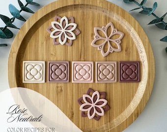 May include: A collection of polymer clay shapes in rose and neutral tones, including three star-shaped floral cutouts and five square tiles with embossed flower designs. The text reads Rose Neutrals COLOR RECIPES FOR PREMO POLYMER CLAY.