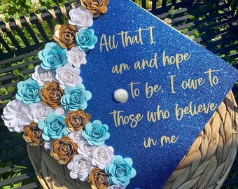 Custom Glitter Grad Cap Topper: 3D Flowers, Personalized Graduation