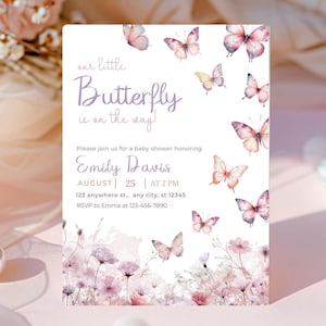 Butterfly Baby Shower Invitation Editable Template - Purple & Pink Butterflies with Flowers - Baby Girl is on the Way Shower Invite - R005