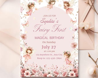 Pink Fairy First Birthday Invitation: Enchanted Garden Editable Canva Template (5x7 Digital Download)