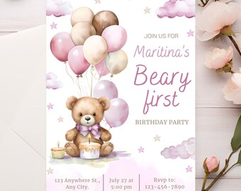 Pink Teddy Bear 1st Birthday Invitation: Air Balloon Theme (Editable Canva Template, Digital Download)