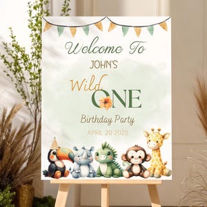 Safari Editable Birthday Welcome Sign - Jungle Animals Themed Party Decor - Wild One Boy Personalized Custom Signs - Instant Download VR002