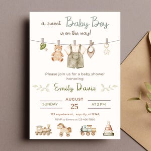 Boho modifiable, c'est une invitation de shower de bébé garçon - vêtements de bébé lessive vert beige douche inviter - téléchargement immédiat imprimable - VR010